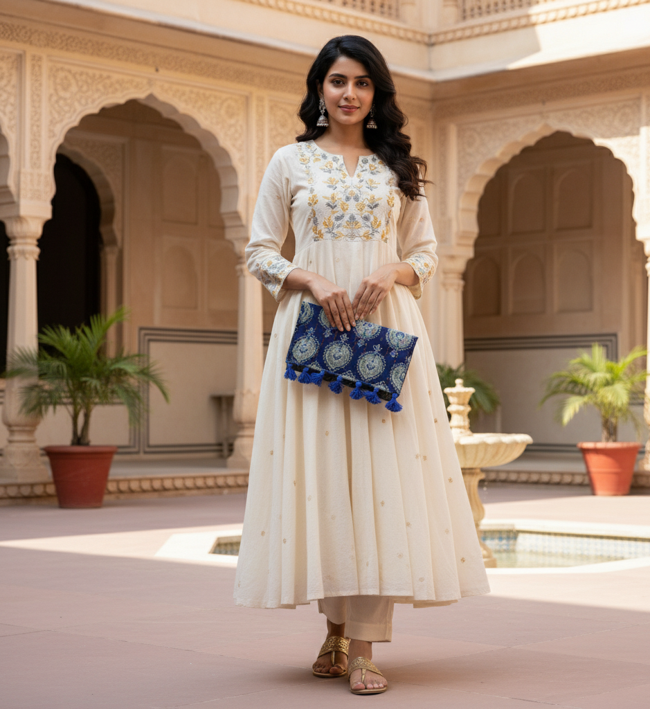 Woman in traditional outfit holding a blue clutch
