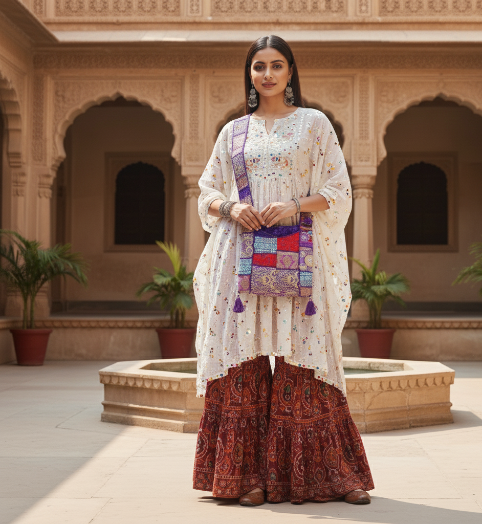 Woman in traditional outfit with a purple bag in an architectural setting