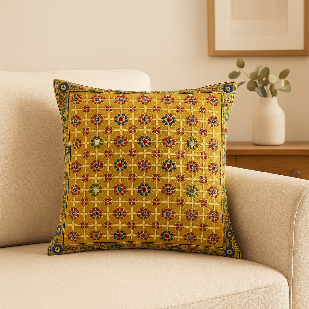 Mustard Yellow Hand Embroidered Floral Cushion Cover