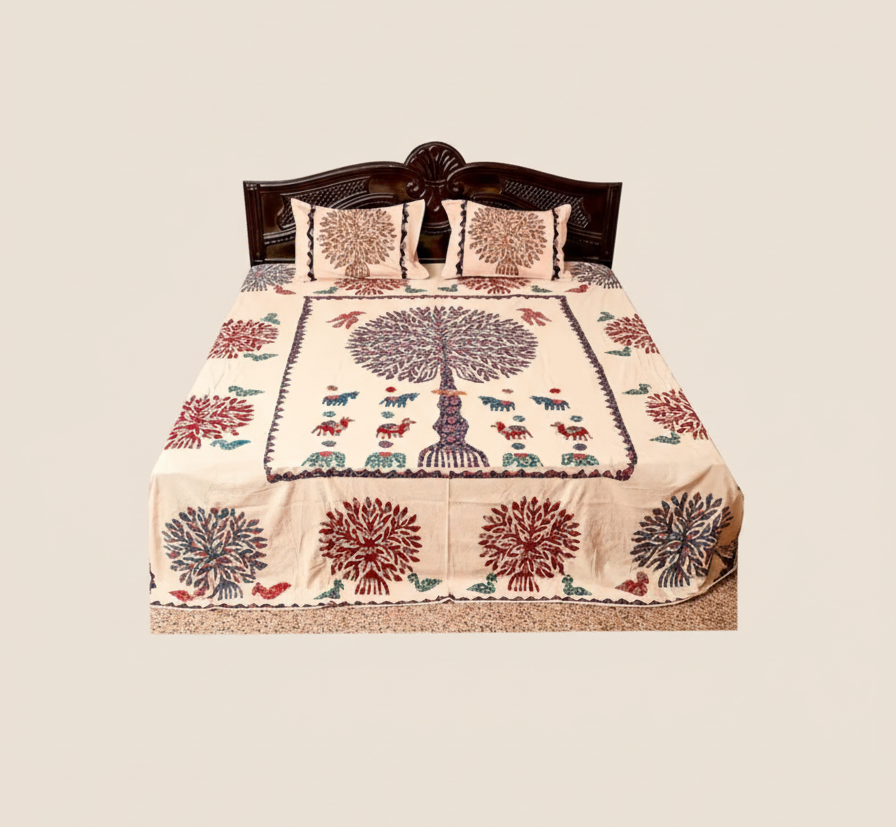 Decorative bedspread with tree of life design on a bed
