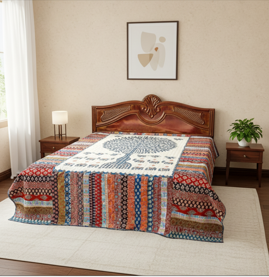 Colorful bedsheet with a tree design on a bed in a bedroom setting.