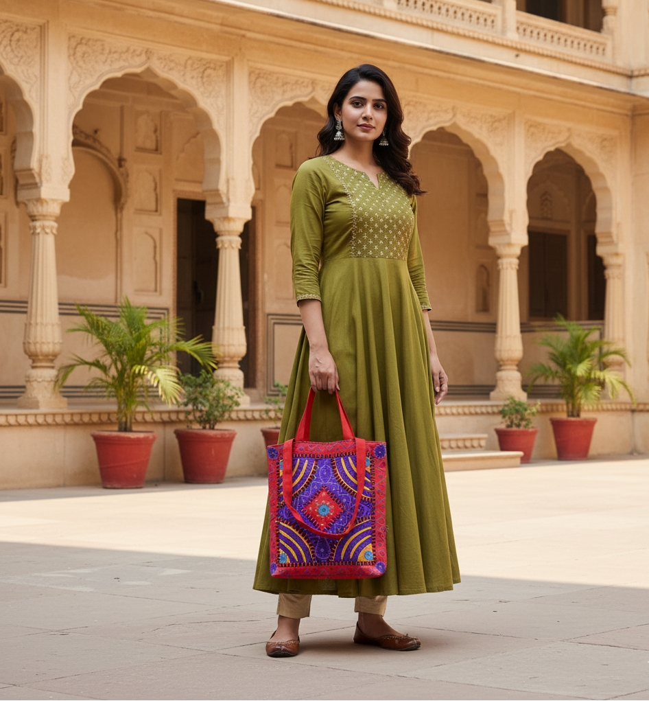 Woman in a green dress holding a red and purple embroidery bag