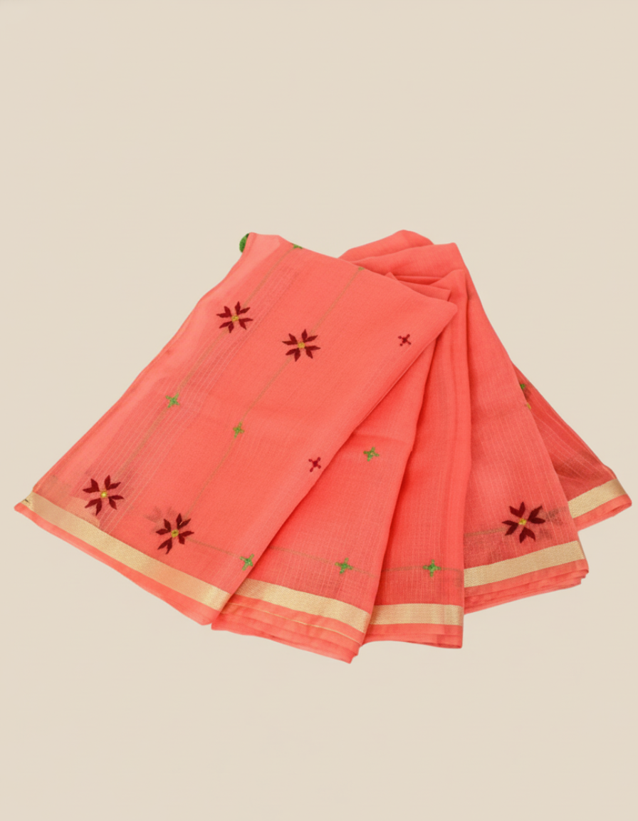 Folded coral saree with floral embroidery