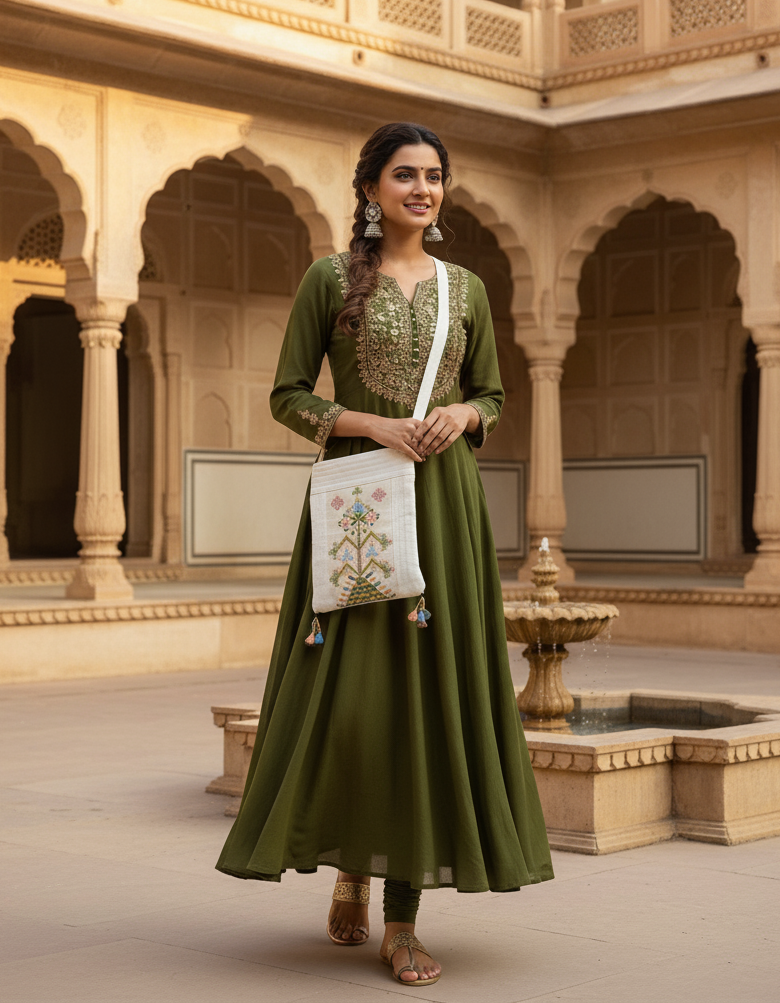 Woman in a green traditional outfit holding a white bag with floral design