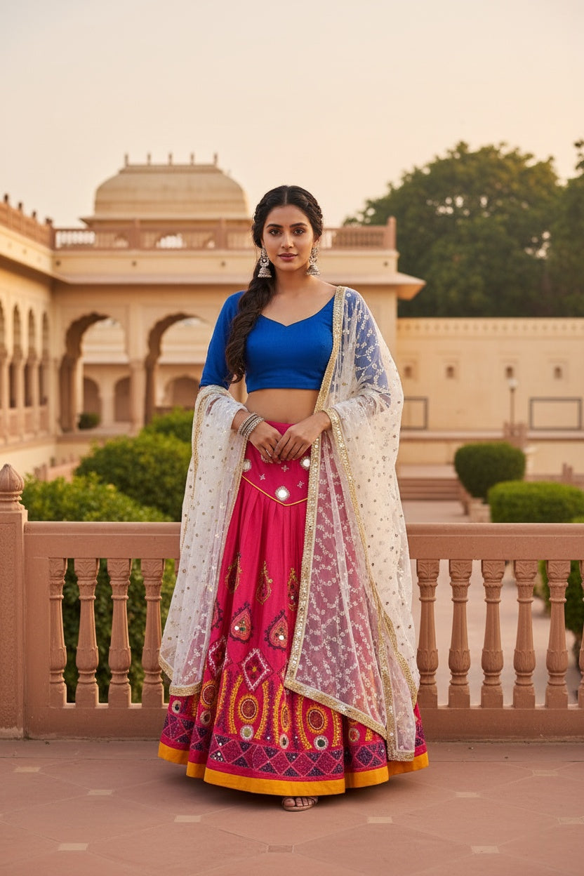 Woman in traditional Indian attire standing in front of a historical building.
