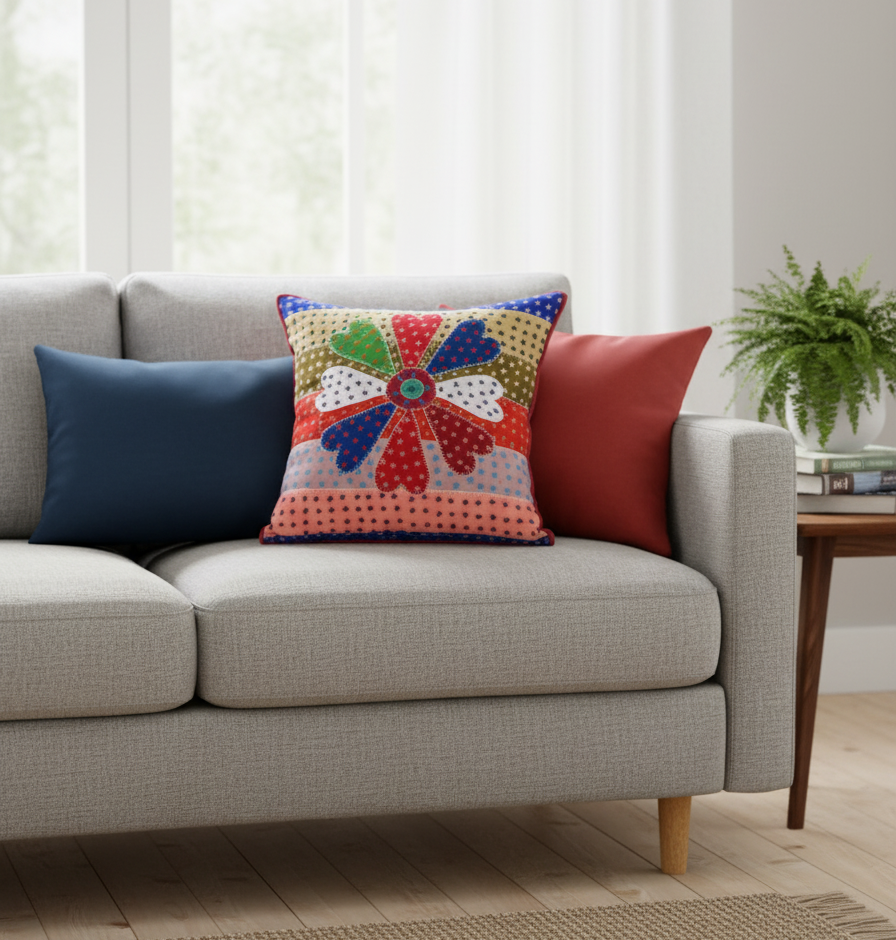 Whimsical Bloom Multicolour Embroidered Cushion Cover