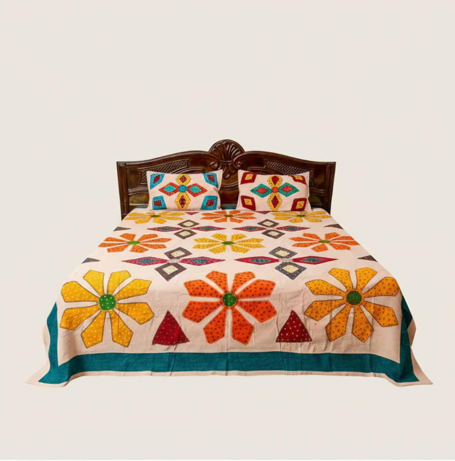 Colorful floral bedsheet on a bed with wooden headboard