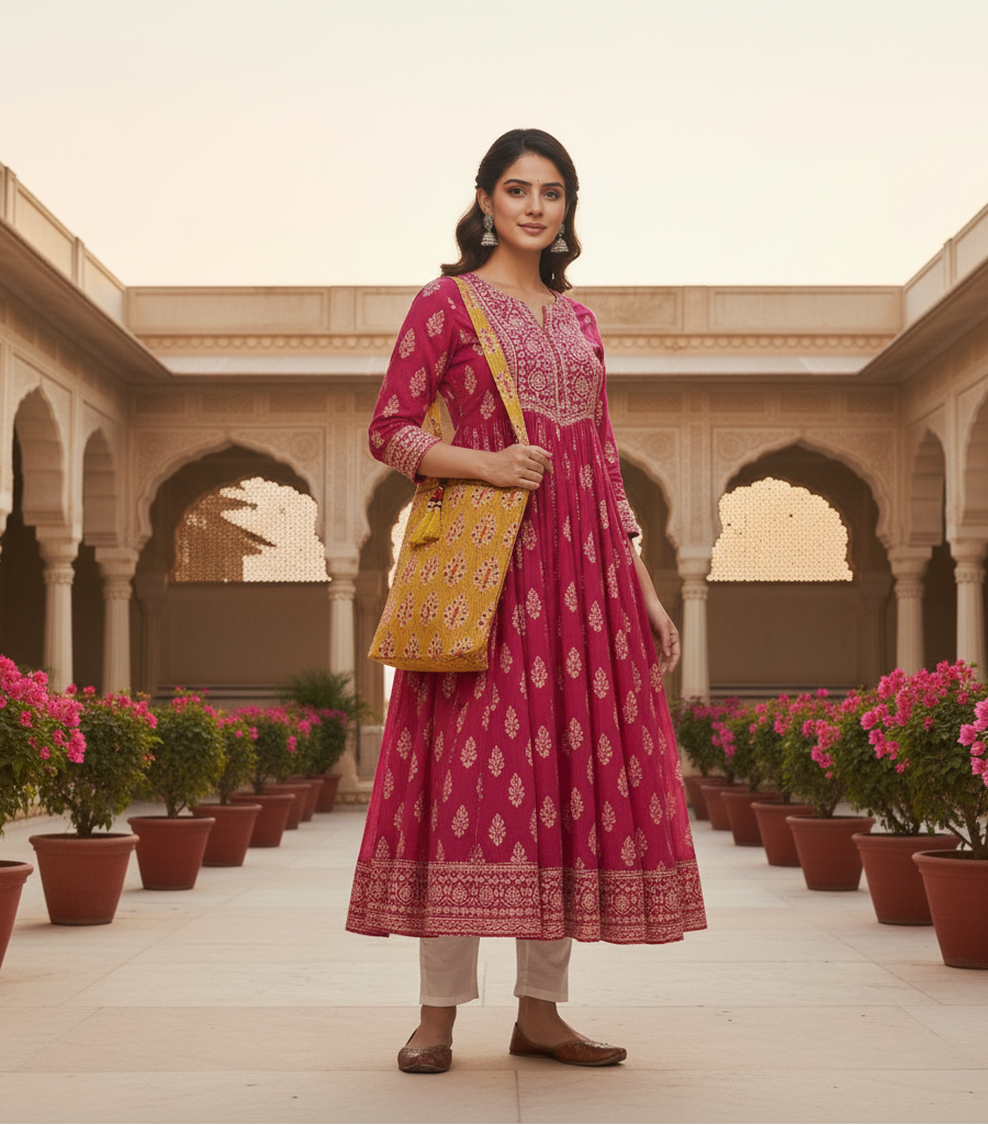 Woman in a pink traditional outfit standing with a yellow patterned tote bag