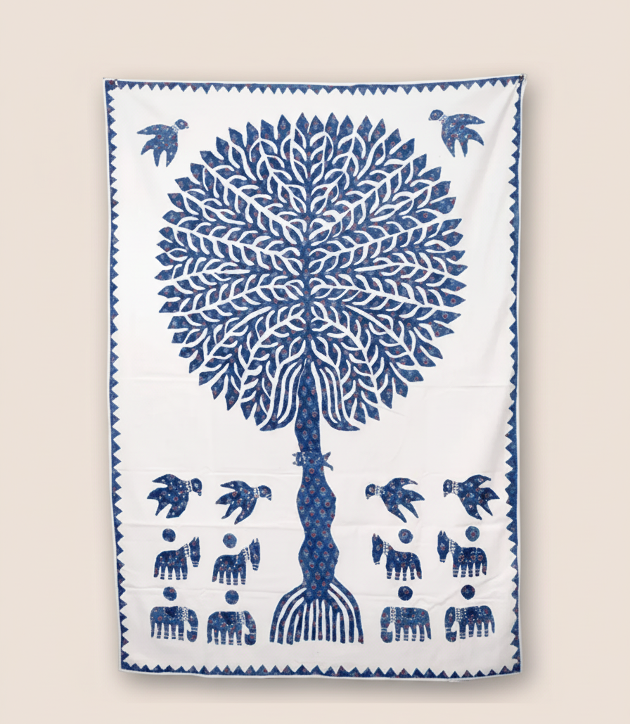 White wall tapestry with blue tree and animal pattern on a beige background