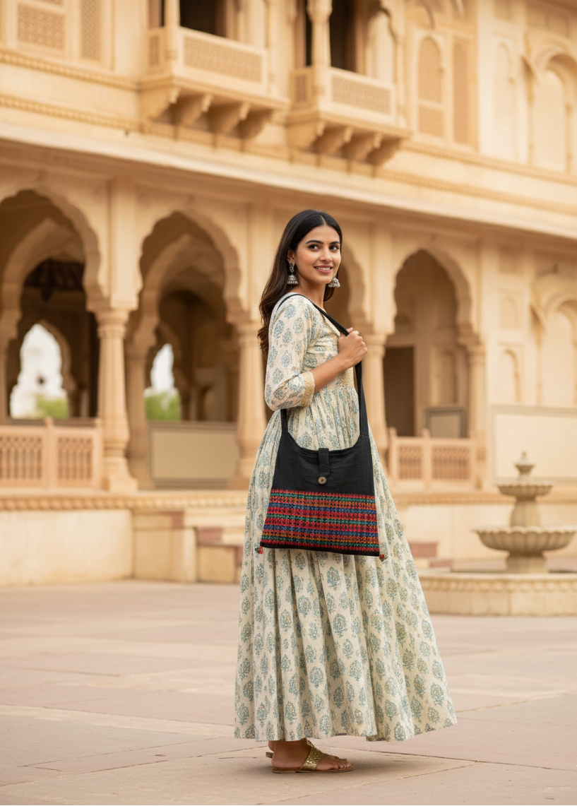 Woman in traditional outfit holding a bag