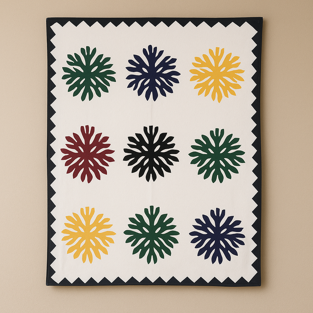 wall hanging with geometric floral patterns in various colors on a beige background