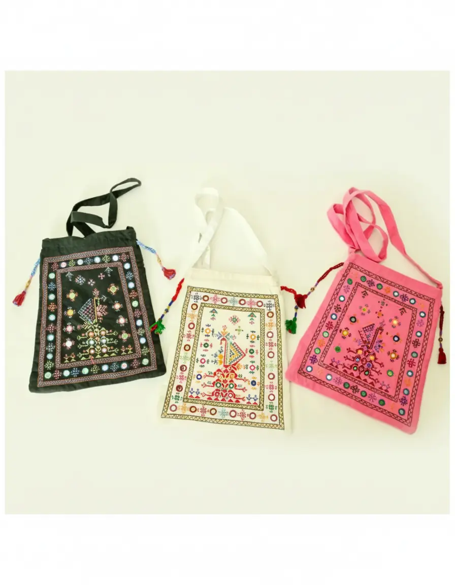 Three embroidered bags with colorful designs on a light background