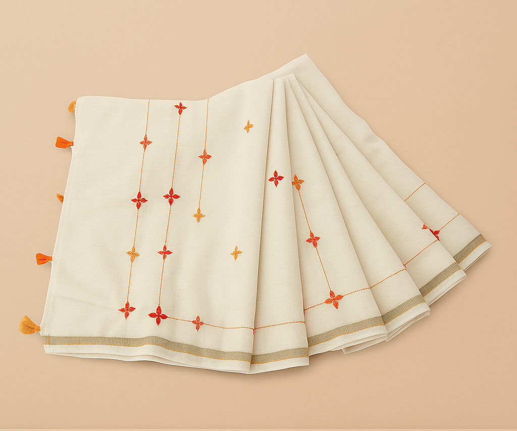 Off-White saree with red and orange patterns