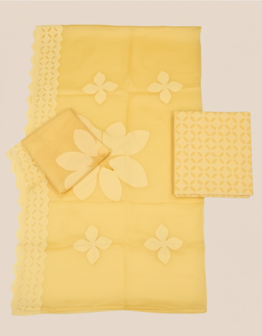 Yellow fabric set with floral patterns on a beige background