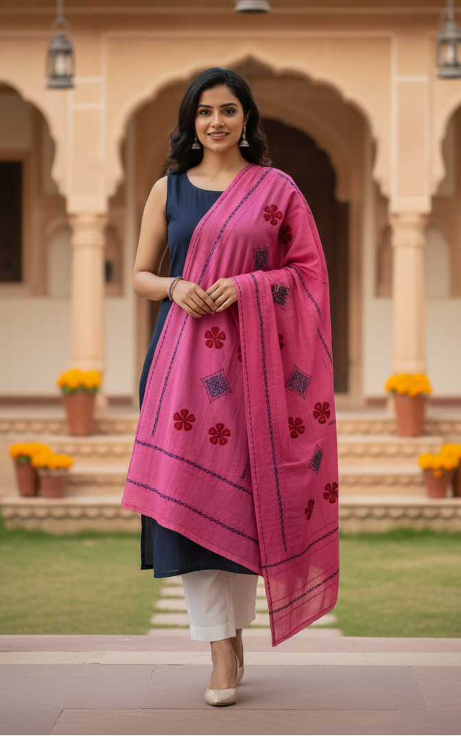 Woman wearing a pink embroidered dupatta in an outdoor setting with arches and flowers.