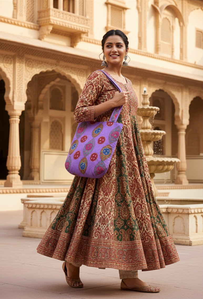 Woman in traditional attire holding a purple bag with floral patterns in an architectural setting.