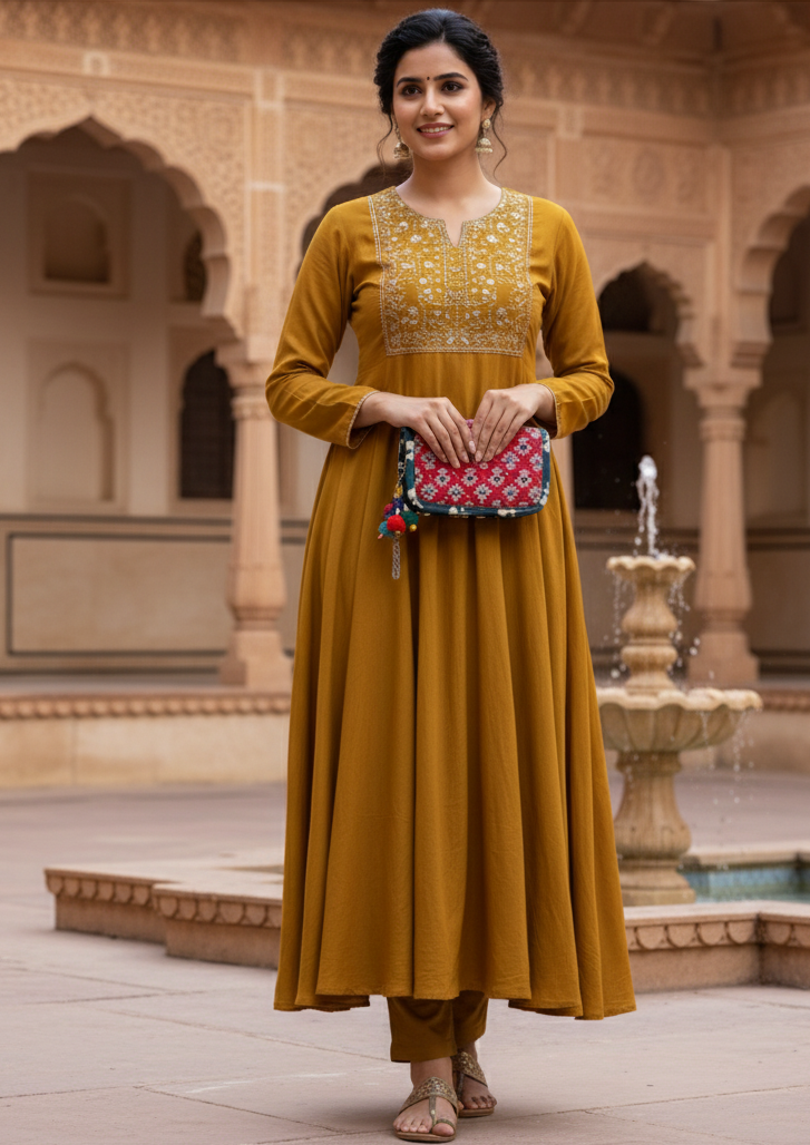 Woman in mustard yellow traditional outfit holding a colorful clutch in an architectural setting.