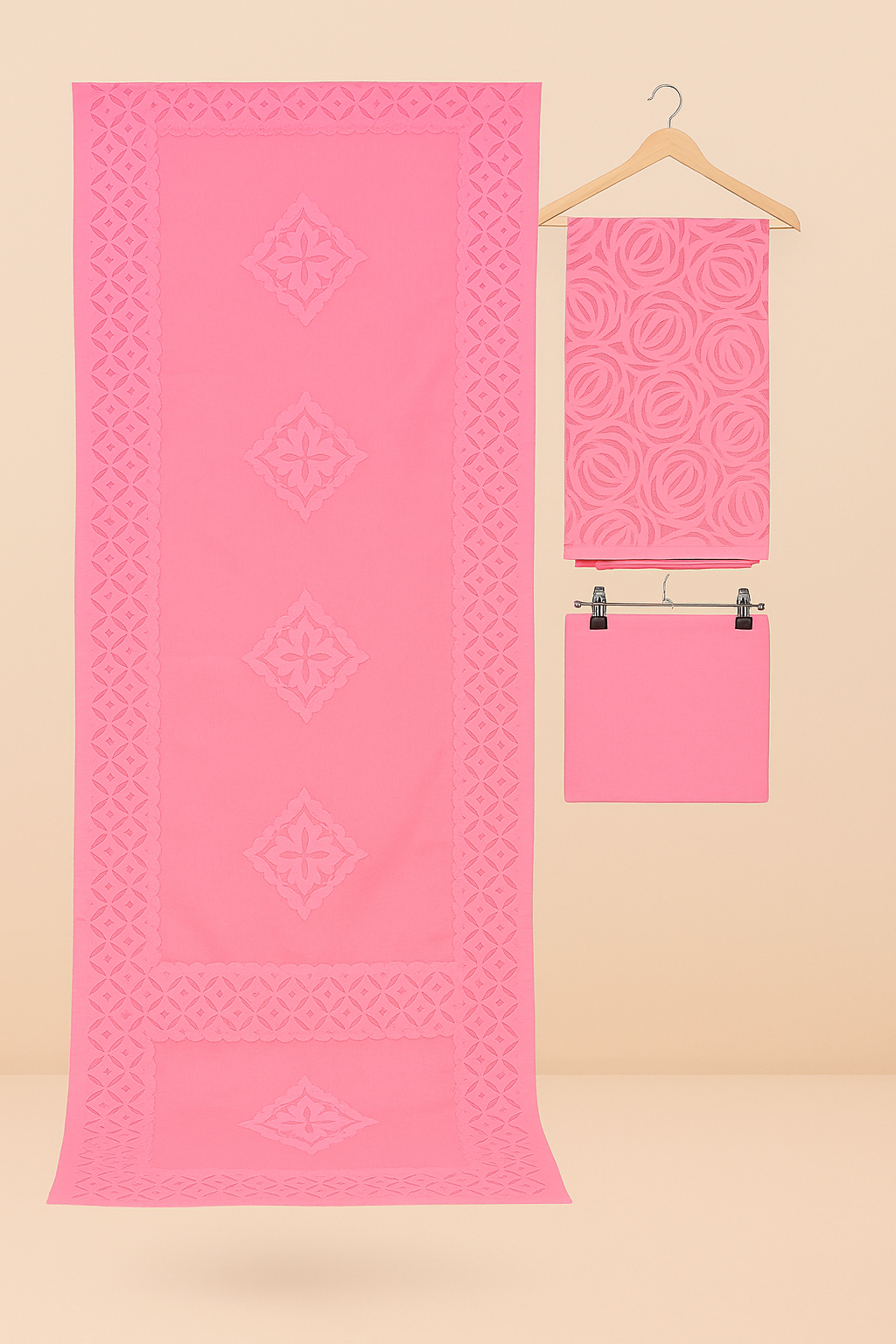 set of pink fabric set on a beige background