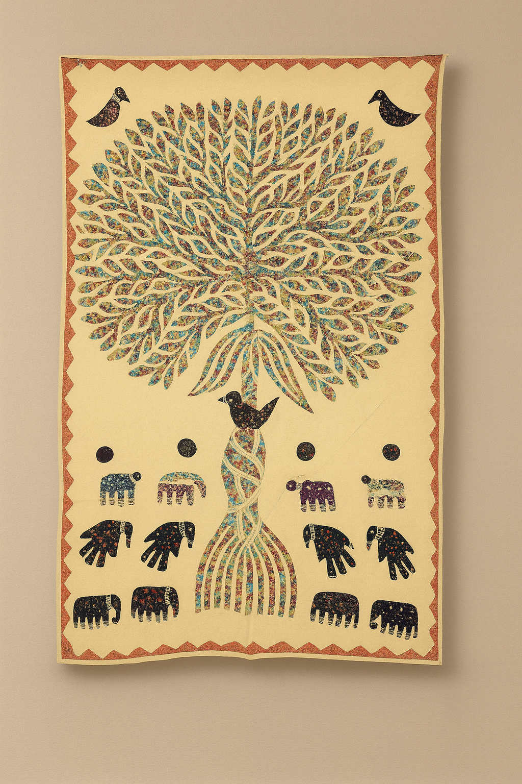 Decorative wall hanging with a tree design featuring animals on a beige background