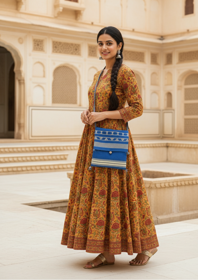 Woman in a traditional outfit holding a blue handbag