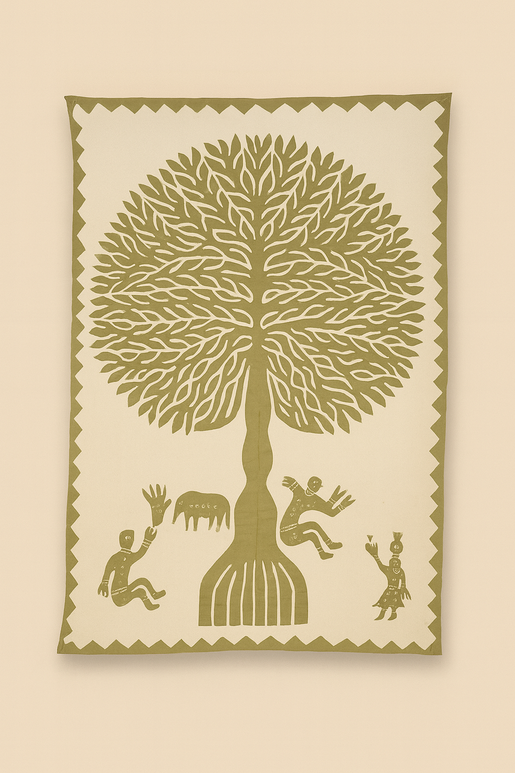 Decorative wall hanging with a stylized tree and people, on a beige background