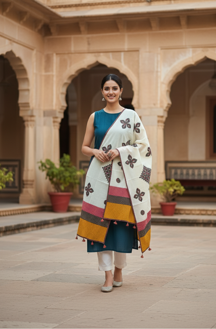 White Vintage Motifs Tassel Applique Dupatta