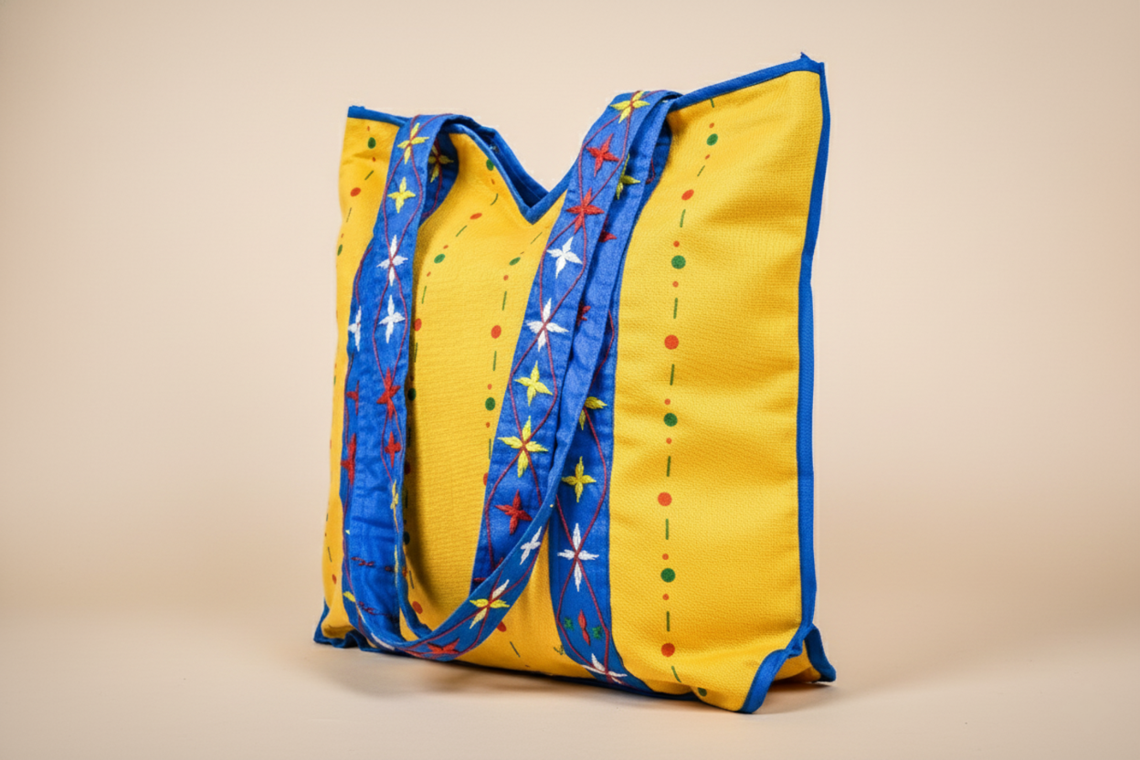 Yellow tote bag with blue trim and star patterns on a beige background