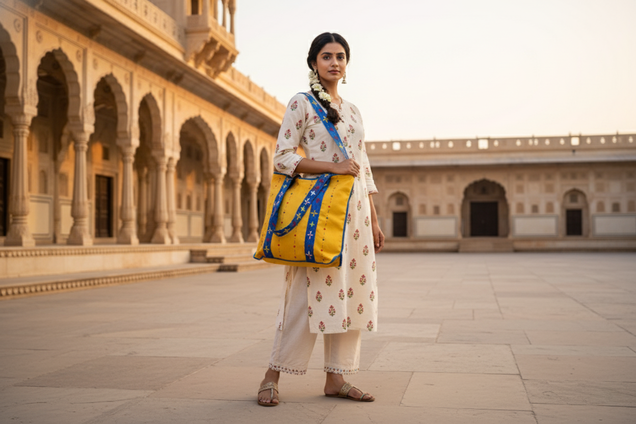 Woman in traditional attire holding a yellow bag with blue accents in an architectural setting