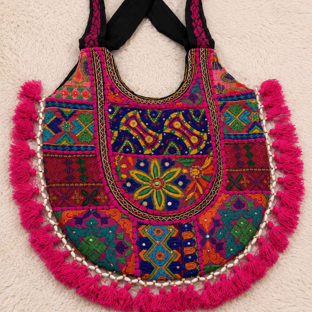 Fusion Hues Boho Tassel Embroidered Tote Bag