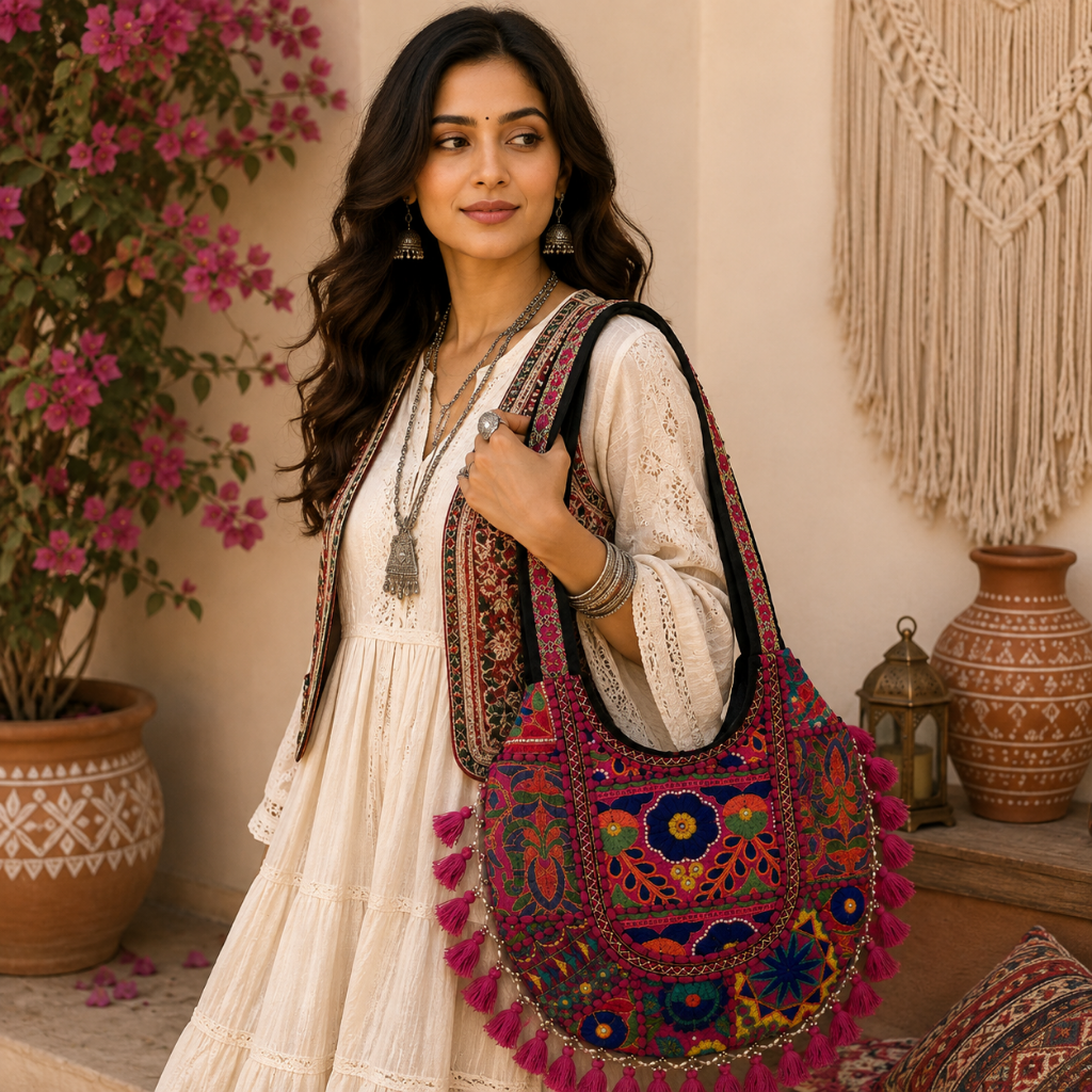 Boho Tassel Embroidered Tote Bag for Women