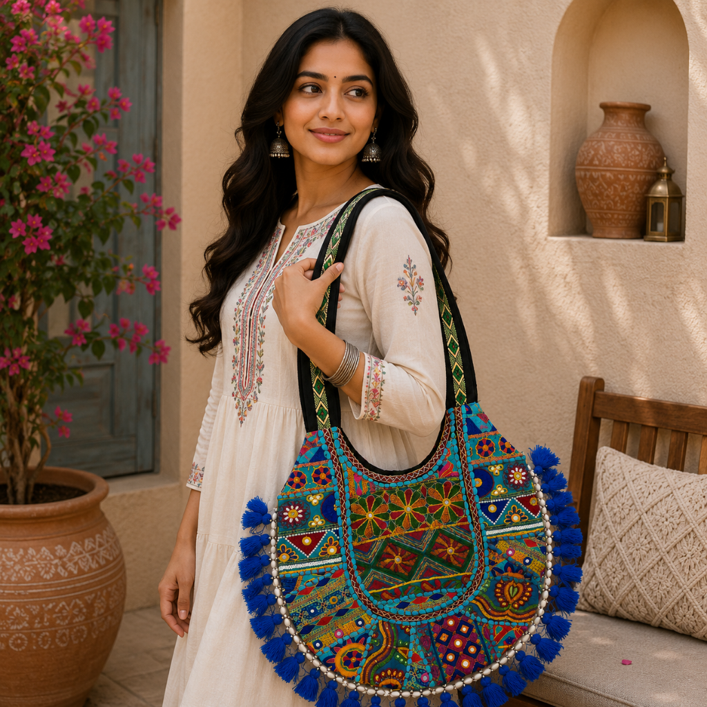 Fusion Hues Boho Tassel Embroidered Tote Bag