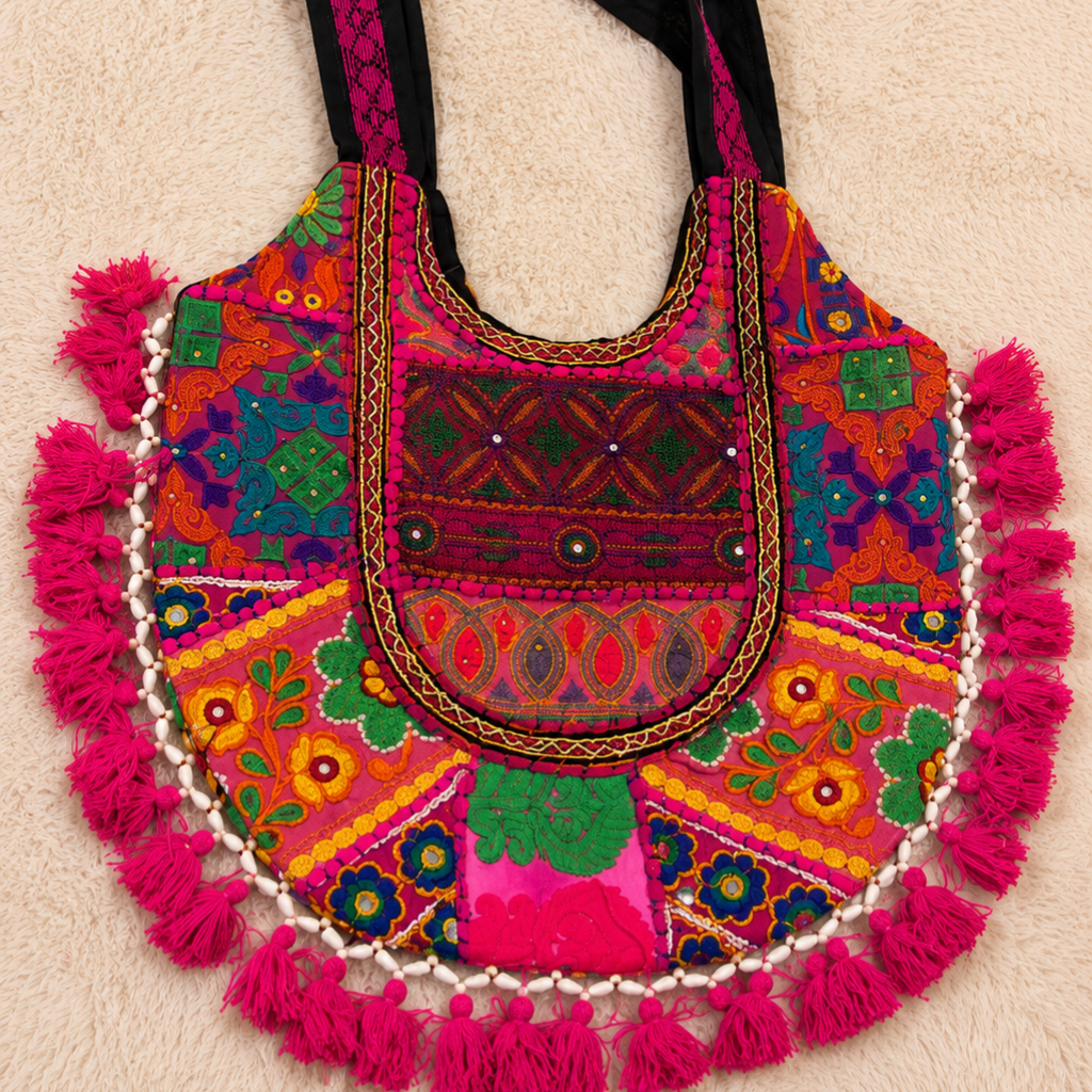 Fusion Hues Boho Tassel Embroidered Tote Bag