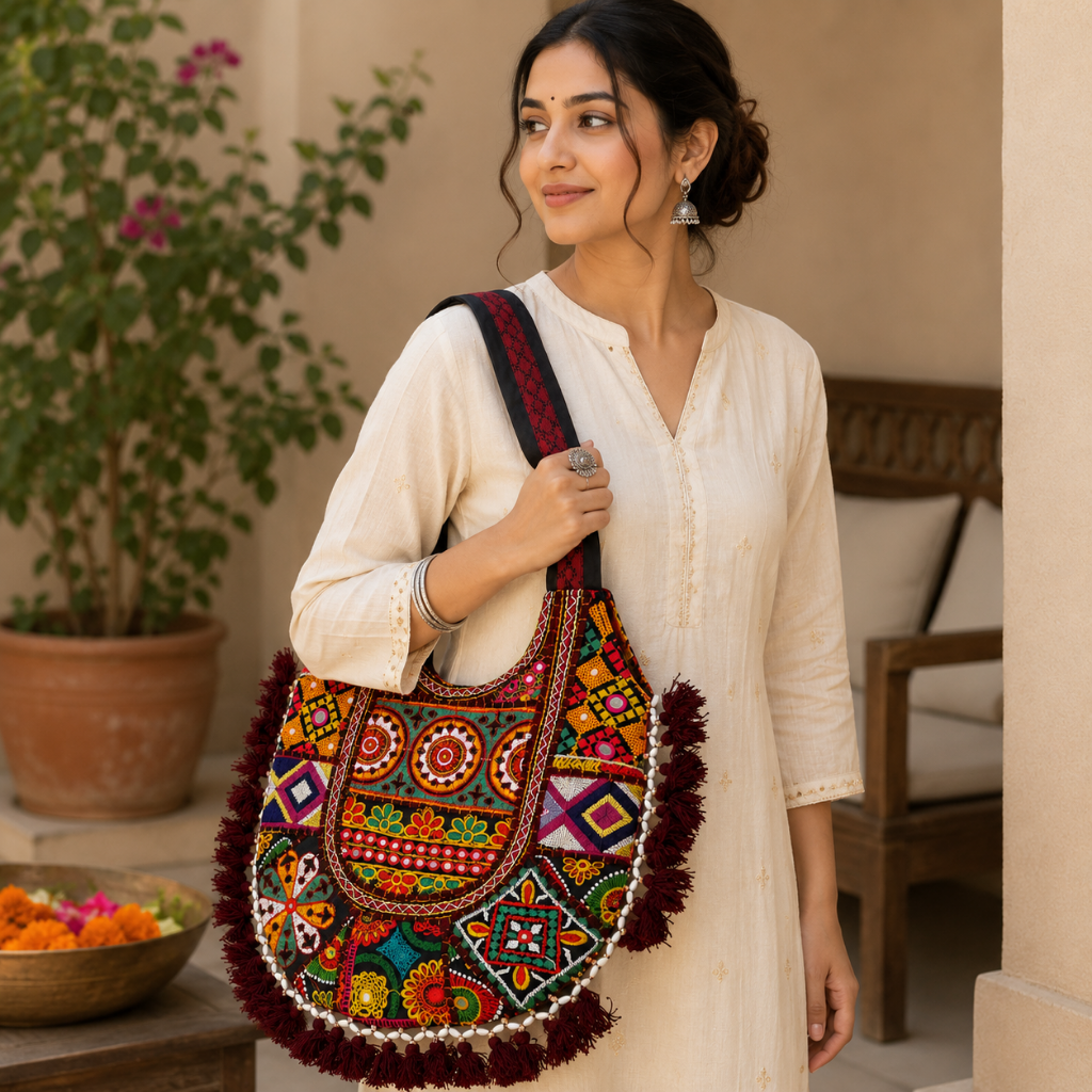 Fusion Hues Boho Tassel Embroidered Tote Bag