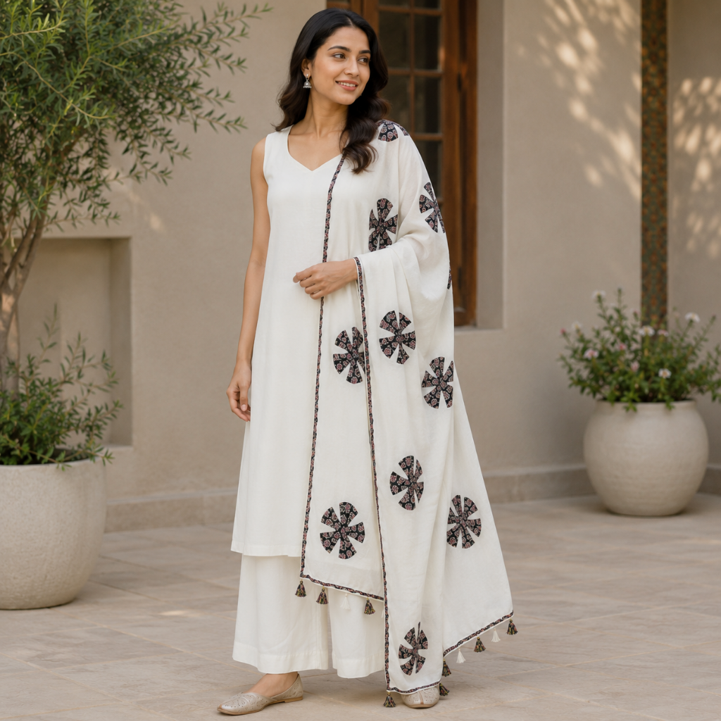 White Vintage Motifs Tassel Applique Dupatta