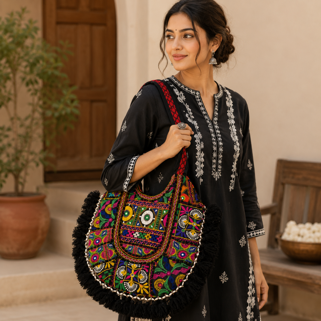 Fusion Hues Boho Tassel Embroidered Tote Bag