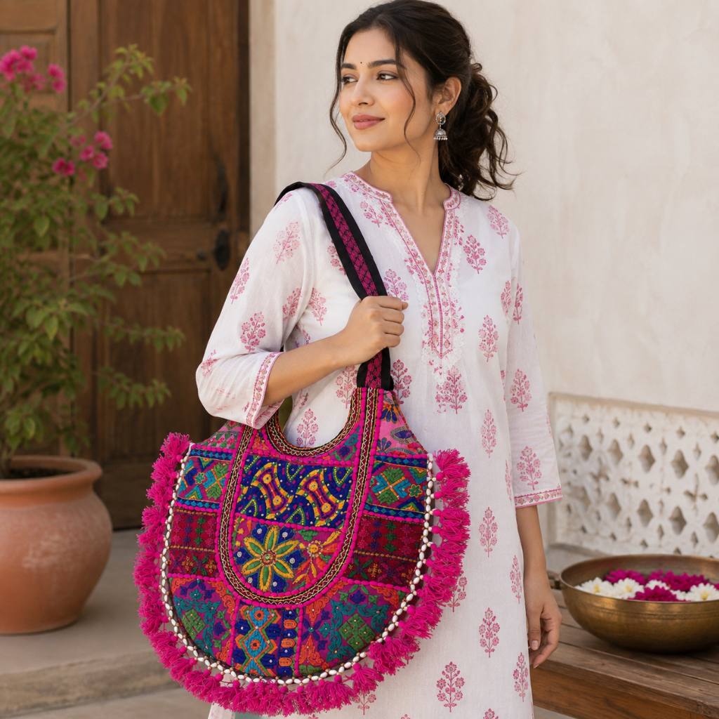 Fusion Hues Boho Tassel Embroidered Tote Bag