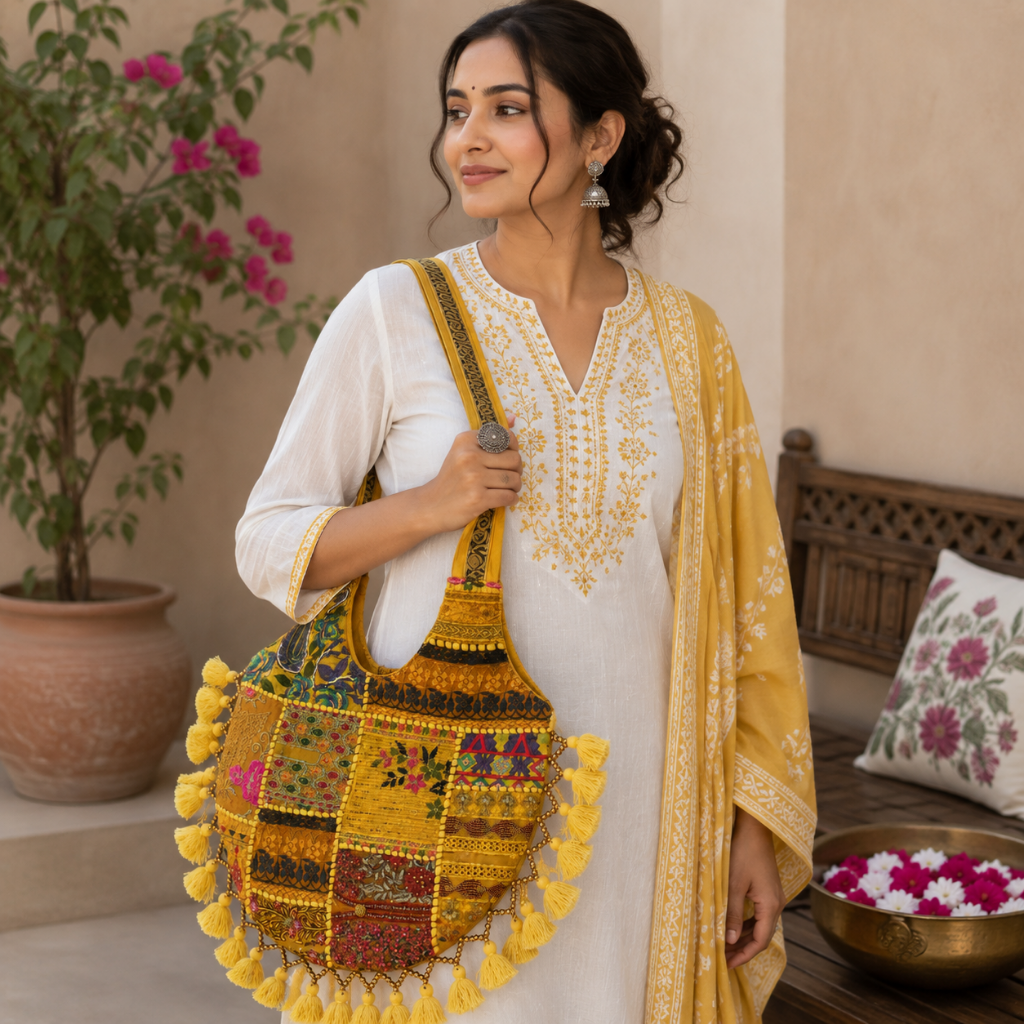 Rainbow Hues Tassel Embroidered Boho Tote Bag