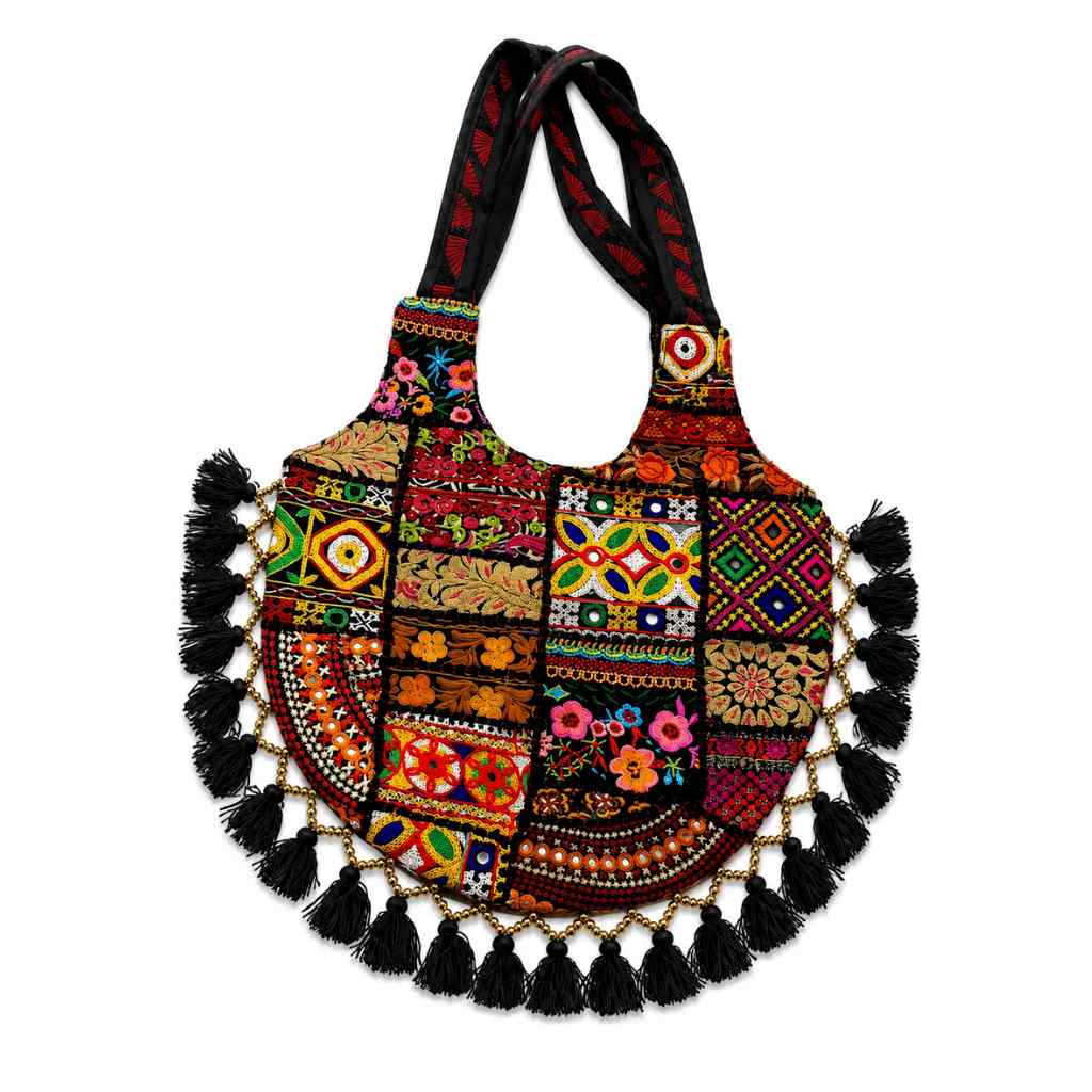 Vintage Noir Tassel Embroidered Tote Bag for Women