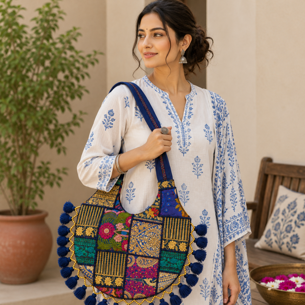 Rainbow Hues Tassel Embroidered Boho Tote Bag