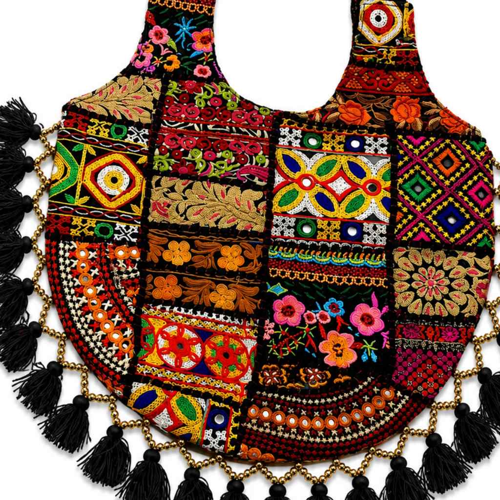 Vintage Noir Tassel Embroidered Tote Bag for Women