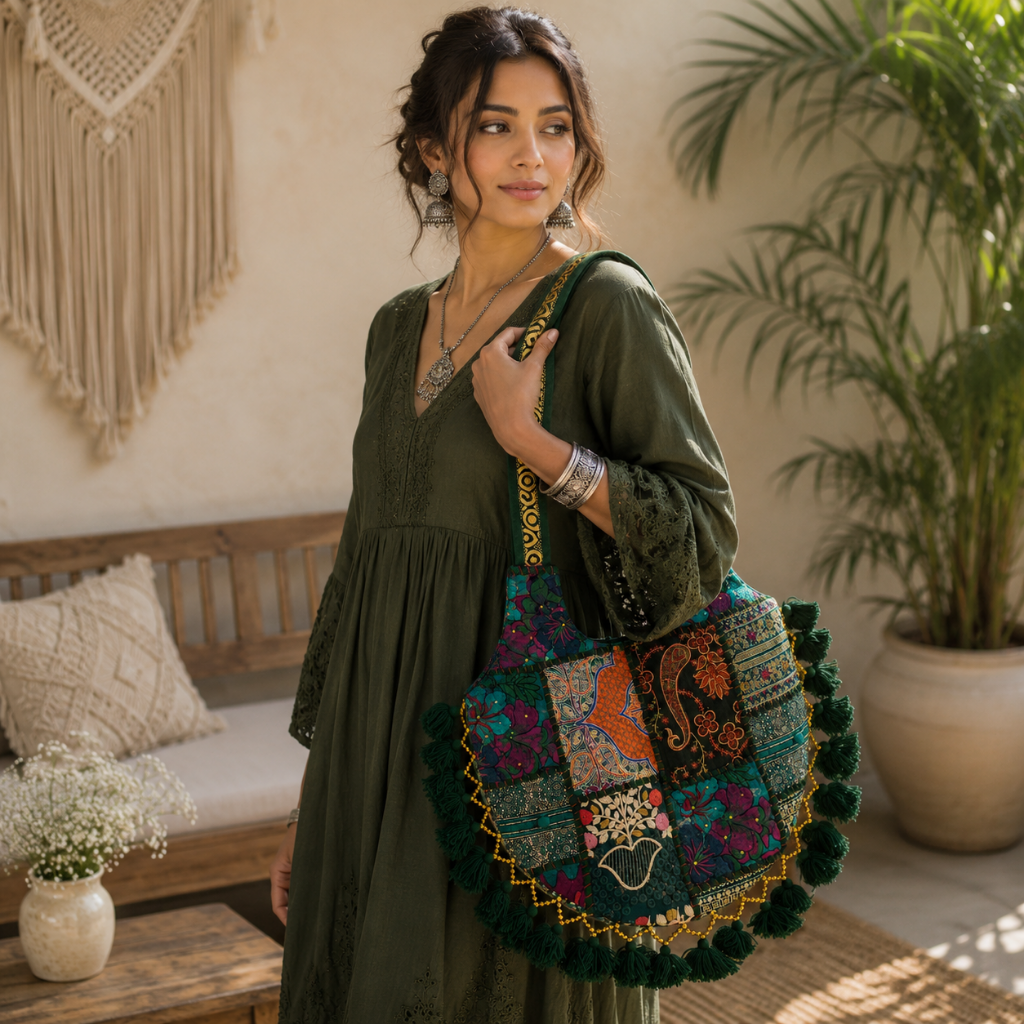 Bohemian Vibes Tassel Embroidered Tote Bag for Women