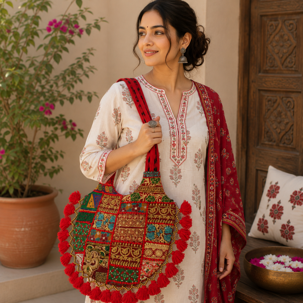 Rainbow Hues Tassel Embroidered Boho Tote Bag