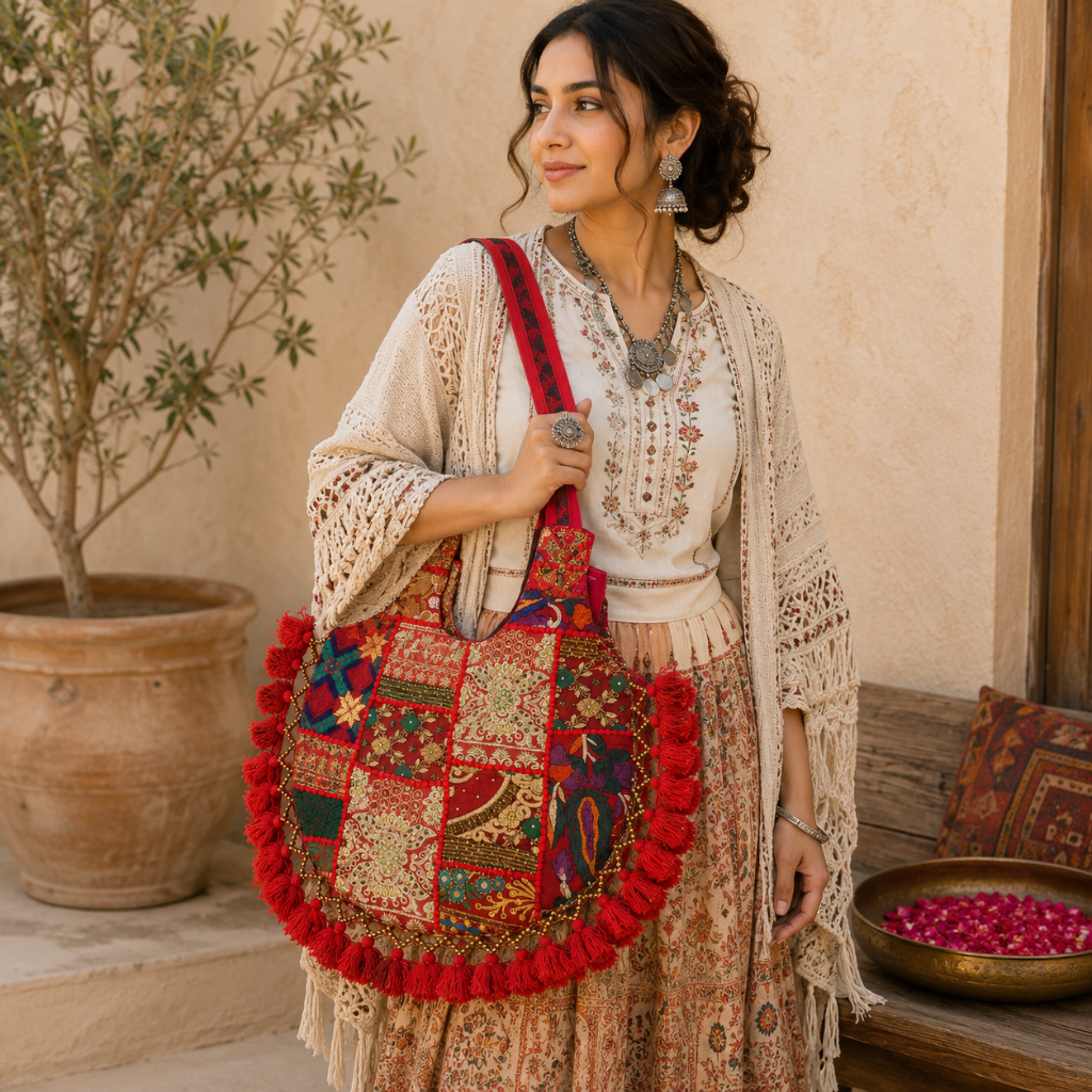 Rainbow Hues Tassel Embroidered Boho Tote Bag