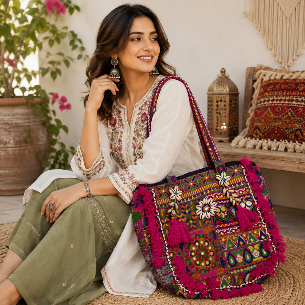 Heritage Embroidered Banjara Tote Bag with Tassels