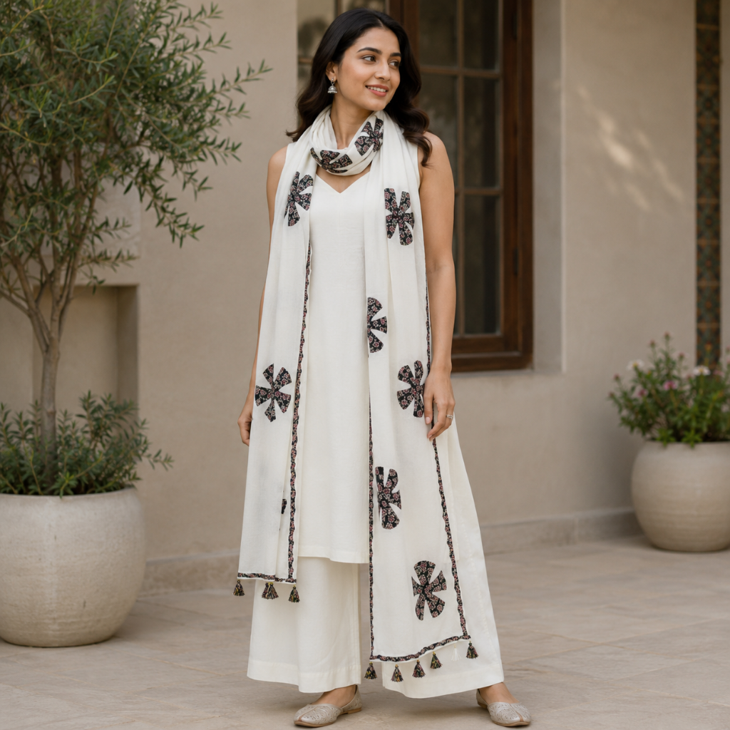 White Vintage Motifs Tassel Applique Dupatta