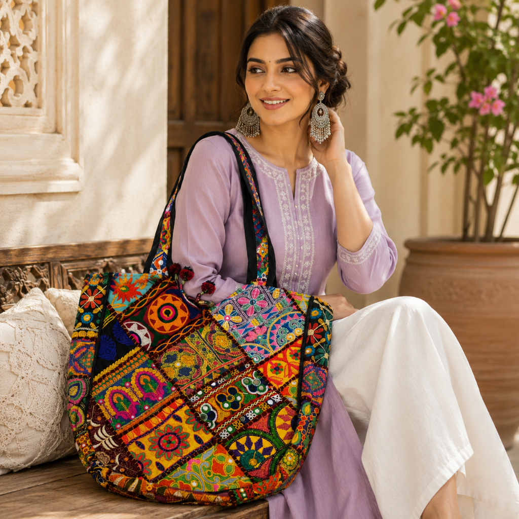Colorful Bliss Cotton Bag with Detailed Embroidery Work