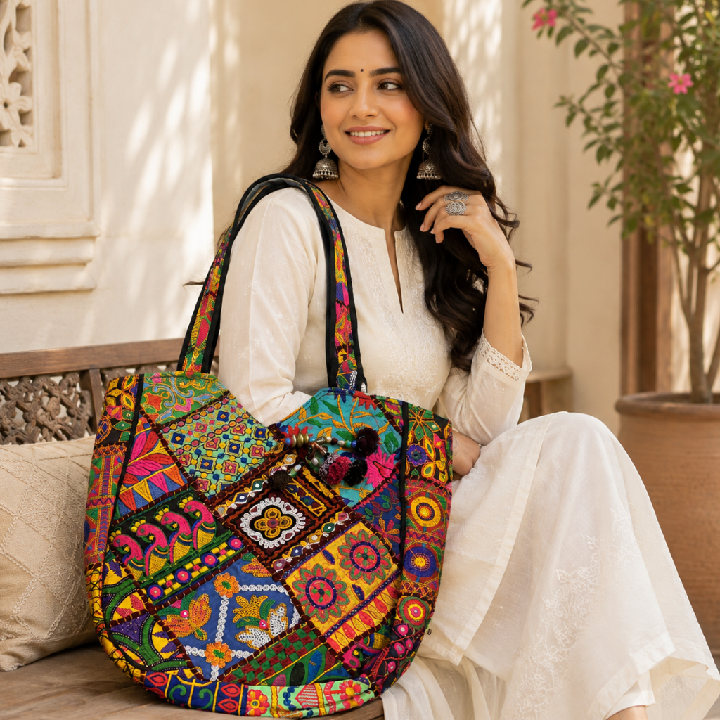 Colorful Bliss Cotton Bag with Detailed Embroidery Work