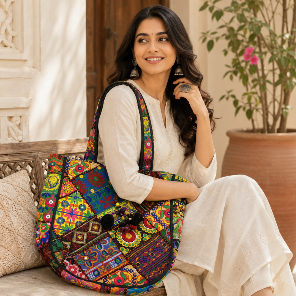 Colorful Bliss Cotton Bag with Detailed Embroidery Work