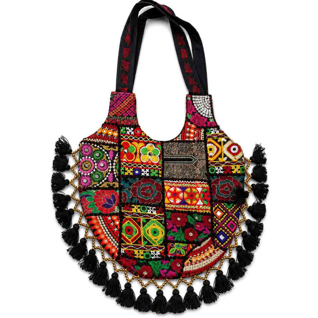 Vintage Noir Tassel Embroidered Tote Bag for Women