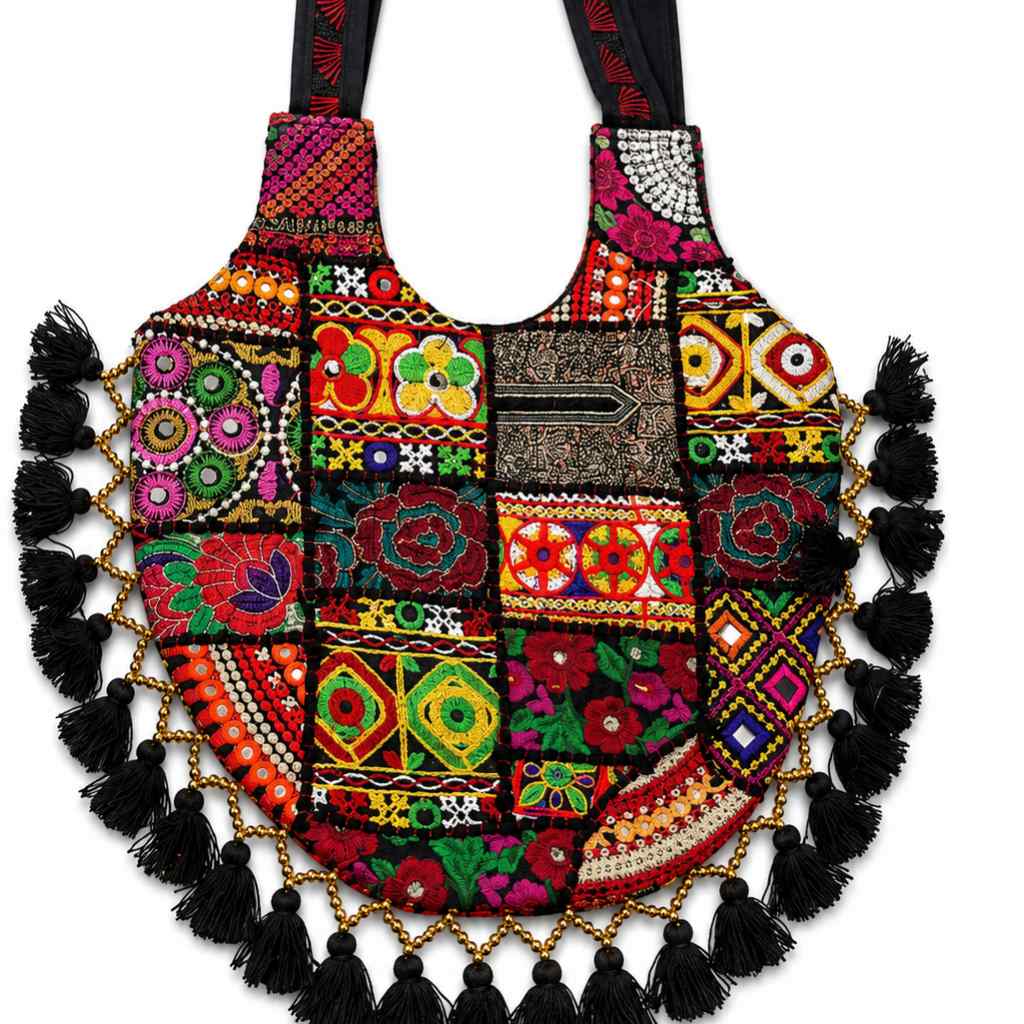 Vintage Noir Tassel Embroidered Tote Bag for Women